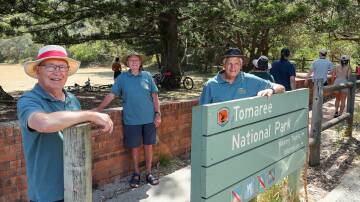 Tomaree Headland Heritage Group volunteers Peter Clough, Geoff Washington and Nigel Dique at the site in 2023. Picture by Max Mason-Hubers 