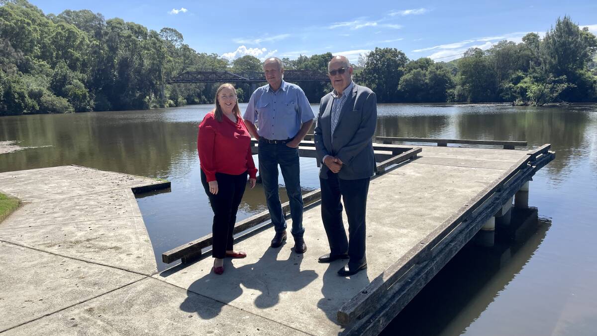 (from left) Minister Jenny Aitchison, Deputy Mayor Stephen Low and Mayor John Connors in front of the Brig O'Johnston Bridge. Picture by Angus Michie