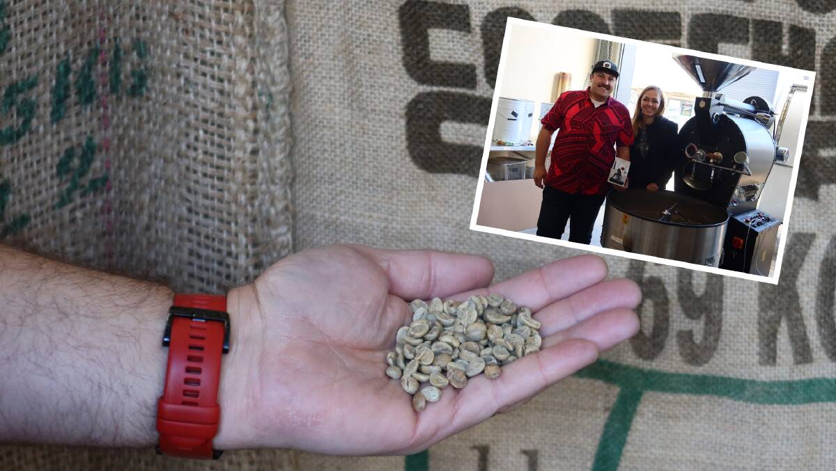 Damian holding the coffee beans before roasting. Insert, Pirate Coffee owners Damian and Tracey Hamilton. Pictures by Laura Rumbel