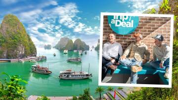 The founders of TripADeal (inset) and Halong Bay in Vietnam, one of the destinations they cover. Pictures by Shutterstock/Qantas