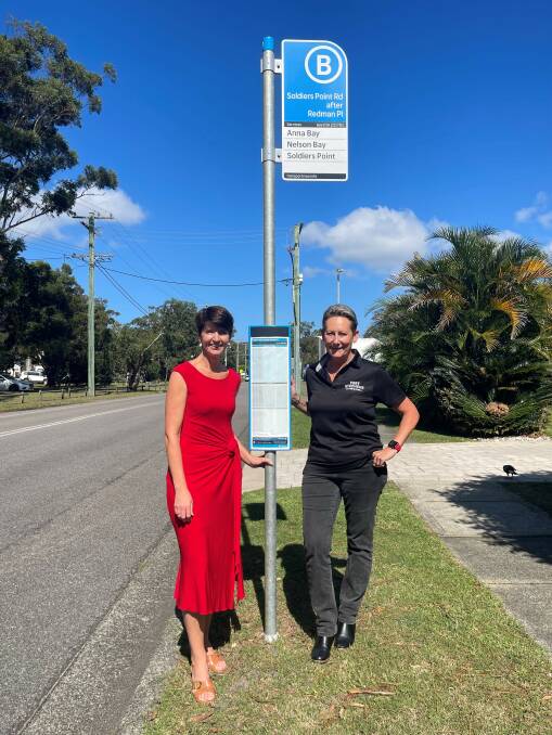 Port Stephens MP Kate Washington and Port Stephens deputy mayor Leah Anderson at a local bus stop. Picture supplied