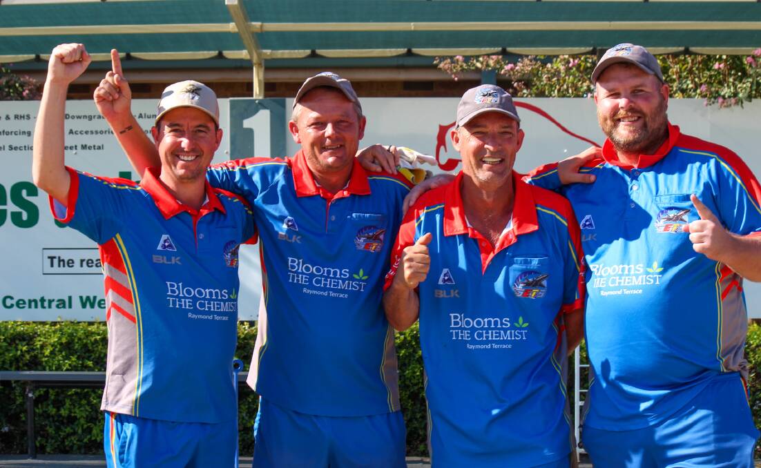 Raymond Terrace's fours team of Matt Baus, Lee Schraner, Jamie Minter and Tim Twining won the State Fours title. Picture by Bowls NSW