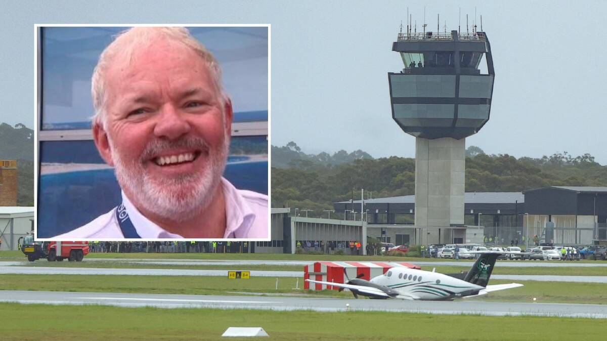 The plane landed safely at Williamtown. Picture by Marina Neil. And inset a screenshot of pilot Peter Schott from his Nine News interview.