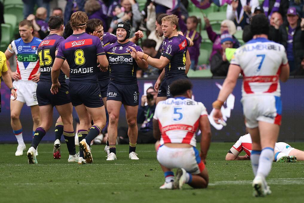 Newcastle ponder another Melbourne try on Sunday. Picture Getty Images