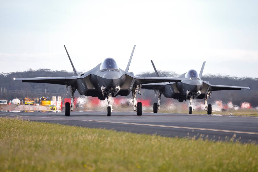 Australia's newest F-35A Lightning II aircraft arrive at RAAF Base Williamtown at the end of their journey during exercise Lightning Ferry 22-3. Pictures by CPL Craig Barrett