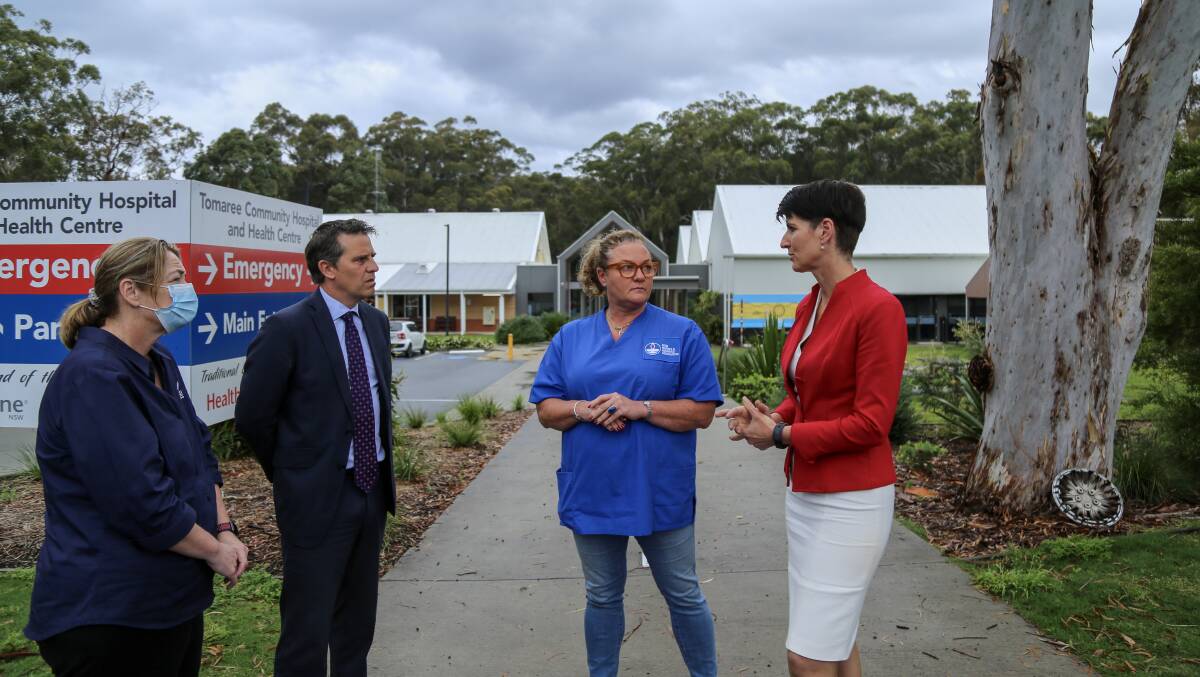 Gwenny Asimus, HSU industrial organiser, shadow minister for health Ryan Park, Charmaine Skimmings, president of Tomaree branch of NSWNAM, and Port Stephens MP Kate Washington at Tomaree Community Hospital in October 2022. Picture by Ellie-Marie Watts
