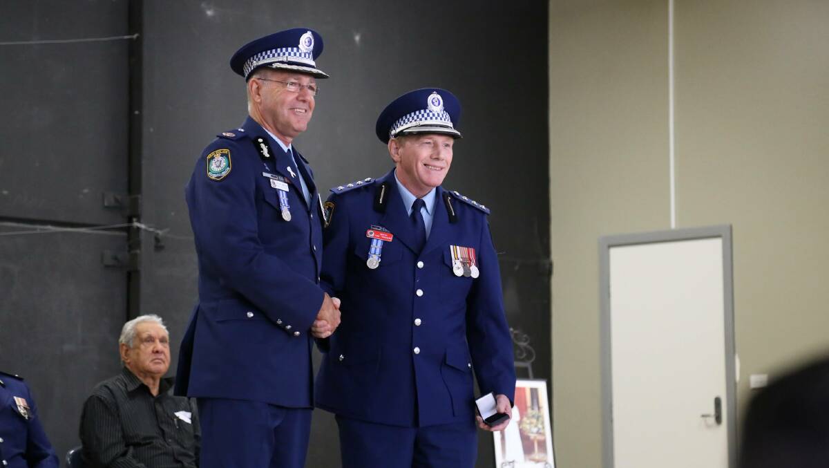 Assistant Commissioner Max Mitchell APM with Port Stephens Chief Inspector Tony Townsend at the Port Stephens-Hunter Police District Awards in October 2019. Picture by Ellie-Marie Watts.