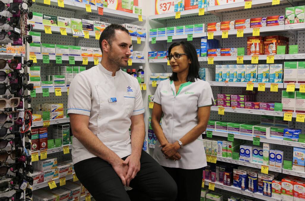 Raymond Terrace pharmacists Tim Mizzi, owner of Capital Chemist, and Rachel Mulley, owner of TerryWhite Chemmart. Picture by Ellie-Marie Watts