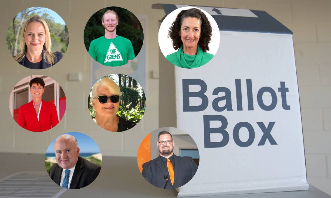 Port Stephens 2023 state election candidates: Michelle Buckmaster, Jordan Jensen, Angela Ketas, Kate Washington, Bev Jelfs, Nathan Errington and Mark Watson.