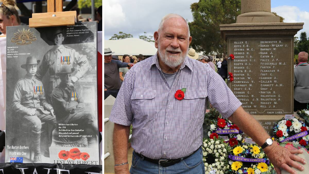 The Burton brothers from Tomago - Samuel, Thomas and William. Right is Barry Burton standing in front of the Raymond Terrace war memorial in which his father, William , and two uncles, Samuel and Thomas, are listed for their service in WWI.