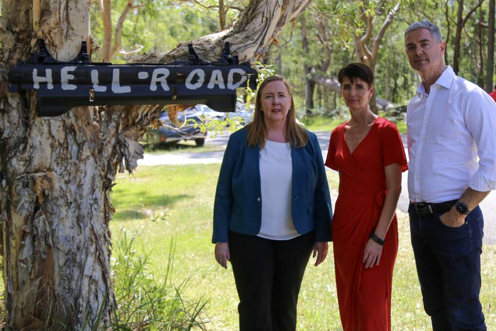 Shadow Minister for Regional Transport and Roads Jenny Aitchison, Port Stephens MP Kate Washington and Shadow Minister for Roads John Graham MLC in Rookes Road, Salt Ash - aka "Hell Road" - on Thursday, March 9. Picture by Ellie-Marie Watts