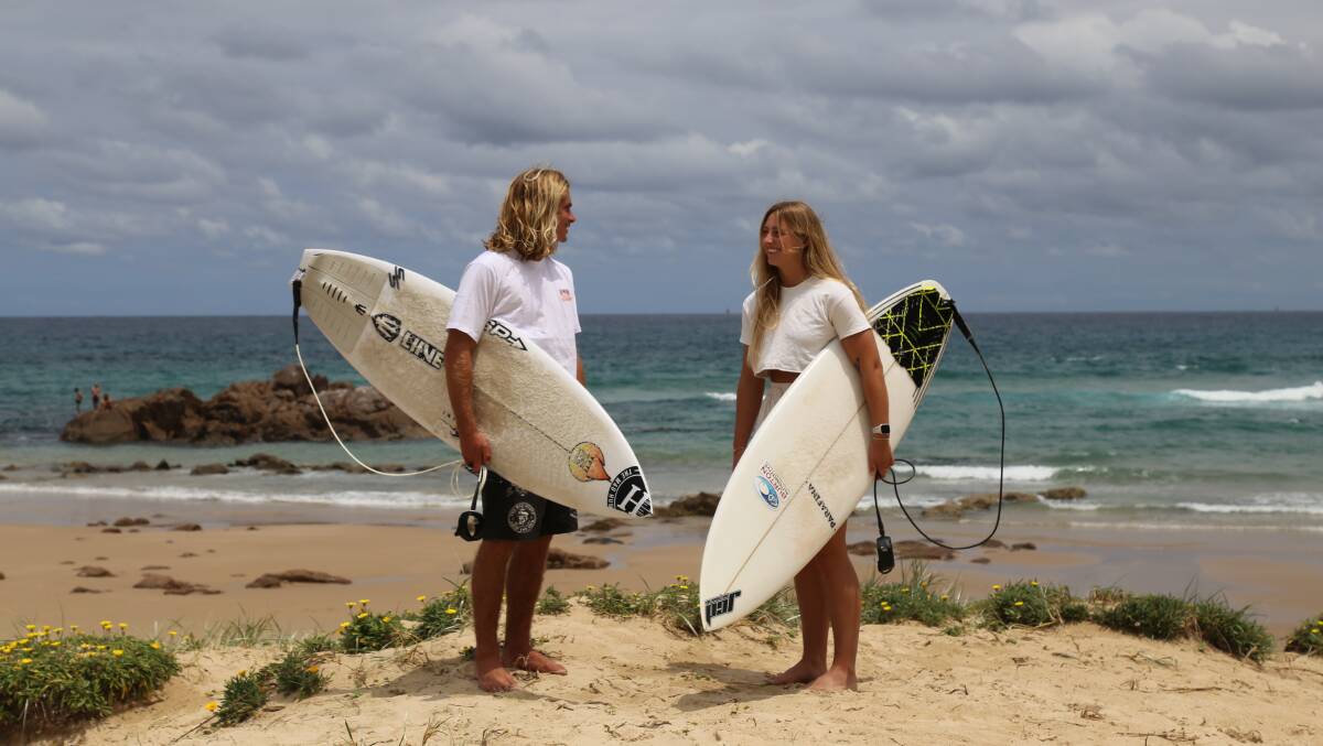 Jimmi Hill, 15, and Jasmine Sampson at Birubi Beach ahead of the Port Stephens Pro. Picture by Ellie-Marie Watts