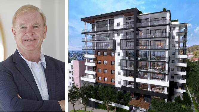 COHO Property director Rod Salmon. Right, an earlier design concept for Ascent Nelson Bay located at 11-17 Church Street. A new design concept went before council on septembre 13 to be approved. Mr Salmon and some Port Stephens councillors are clashing over the building's height.