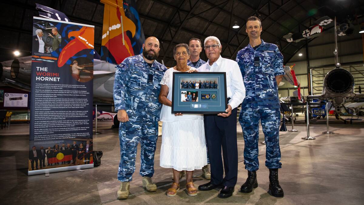 Worimi Elders Aunty Lorraine Lilley and Uncle Neville Lilley with Williamtown RAAF Base Flying Officer Coen Henry, Warrant Officer Dean Rhodes and Squadron Leader David Crossman at the Williamtown Aviation Heritage Centre on Thursday, March 16. Picture by CPL Craig Barrett