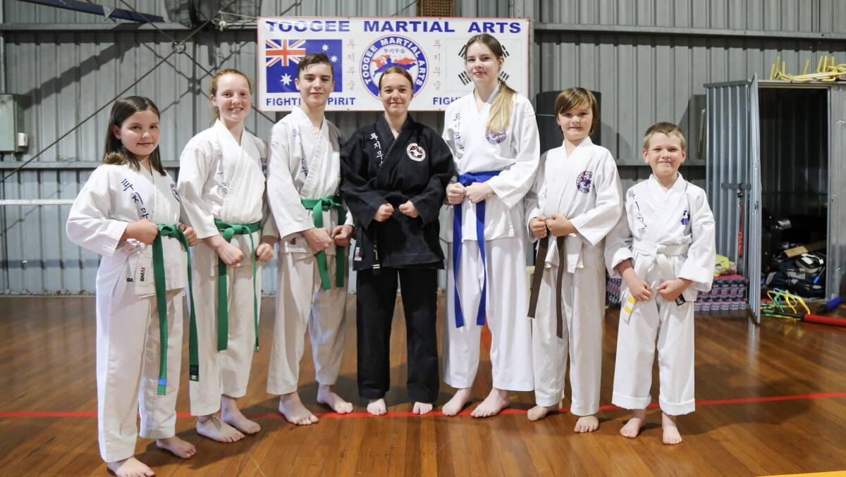 Toogee Martial Arts instructor Jayme Zikamn, 15, centre, with (from left) Naiya Ireland, 9, Bella James, 11, Michael Bailey, 14, Zarleigh Went, 16, Zanda Ireland, 11, and Lachlan Schumacher, 8.