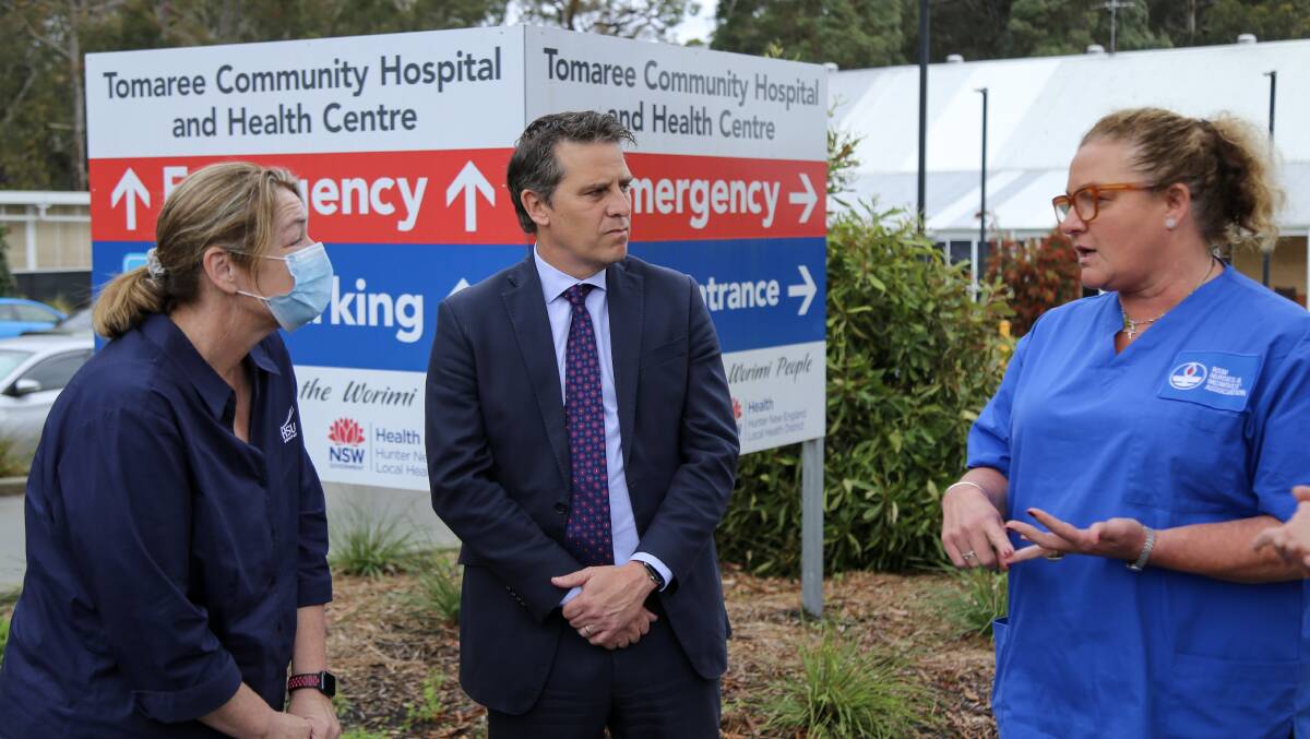 Gwenny Asimus, HSU industrial organiser, shadow minister for health Ryan Park, and Charmaine Skimmings, president of Tomaree branch of NSWNAM at Tomaree Community Hospital.
