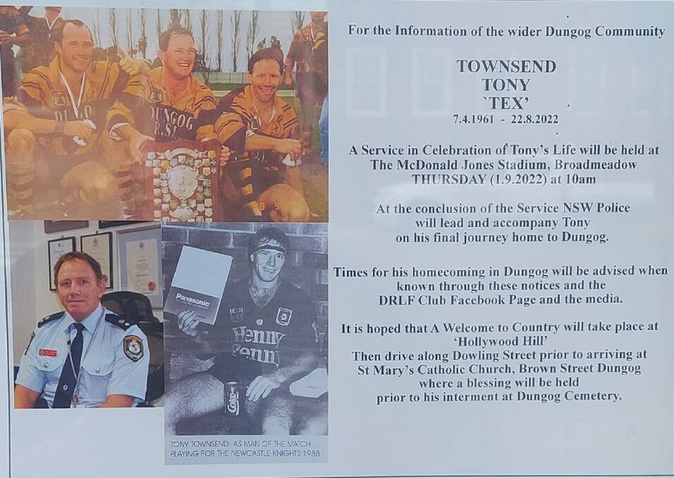 Funeral details for Tony Townsend, shared by the Dungog Warriors Rugby League Football Club. 