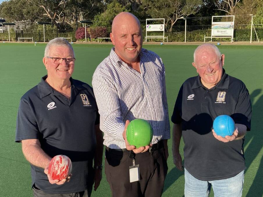 Men of League Port Stephens branch president Chris Kelly, Nelson Bay Bowling Club CEO Richard Girvan and branch member Greg Hennessy. The branch's charity bowls day returns on October 9.