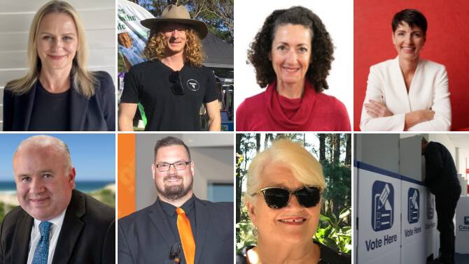 Port Stephens 2023 state election candidates: Michelle Buckmaster, Jordan Jensen, Angela Ketas, Kate Washington, Nathan Errington, Mark Watson and Bev Jelfs.