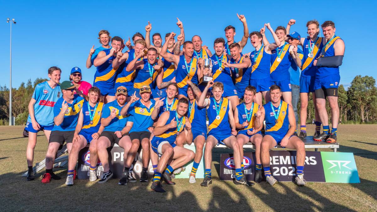 Nelson Bay Marlins celebrating their premiership win after defeating Newcastle City in the grand final. Pictures by Merrillie Redden Photography.