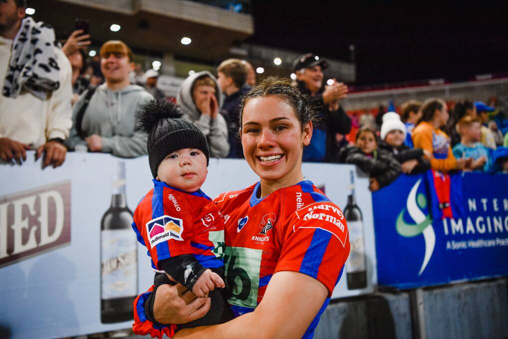 Raymond Terrace-based Newcastle Knights NRLW player Shanice Parker with son Jakari. Parker has been playing for New Zealand in the Women's Rugby League World Cup. Picture supplied by the Newcastle Knights.