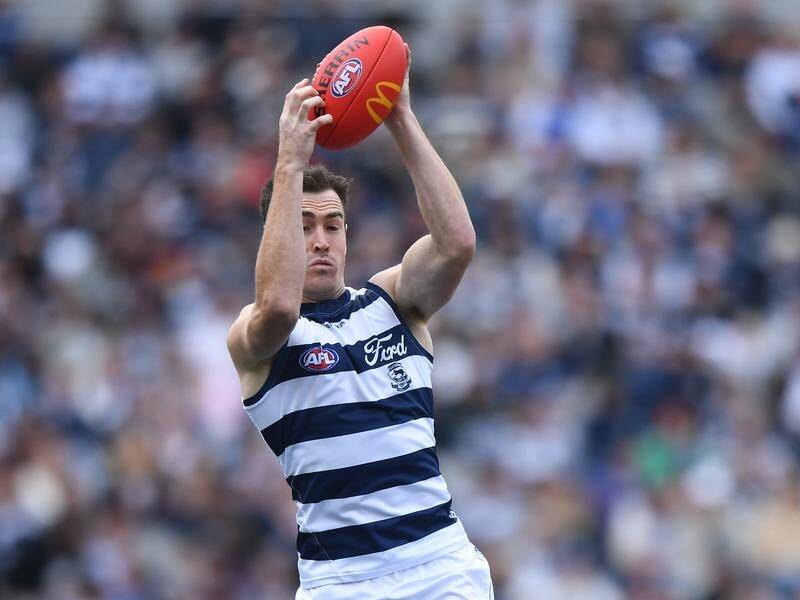 Jeremy Cameron takes a mark during his stellar six-goal game in Geelong's burial of North. (Julian Smith/AAP PHOTOS)