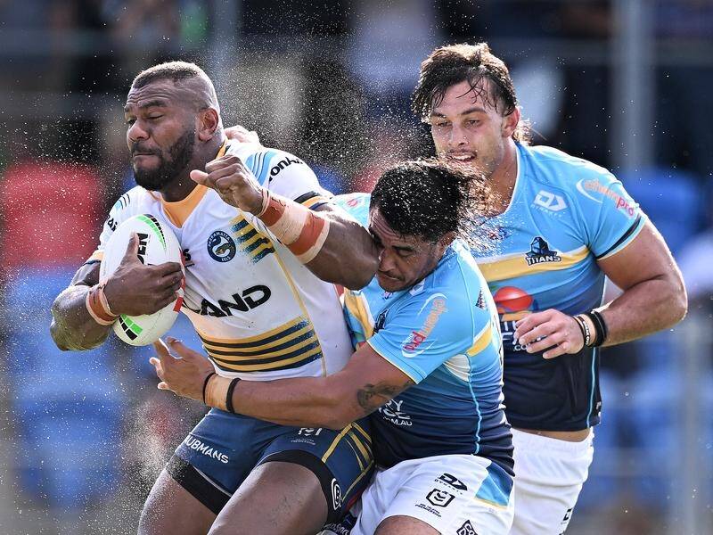 Parramatta winger Maika Sivo is facing a three-match NRL ban after their trial win over the Titans. (Dave Hunt/AAP PHOTOS)