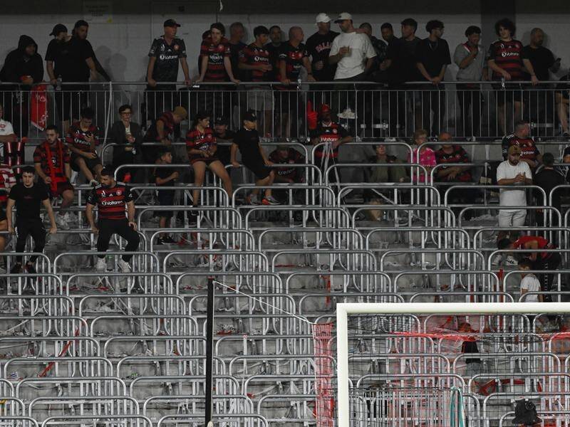 The nearly deserted RBB Wanderers supporters bay after the walk-out during Saturday's ALM match. (Dean Lewins/AAP PHOTOS)