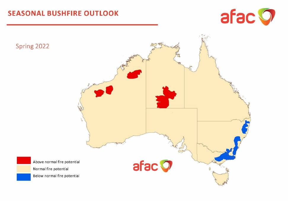 The AFAC has outlined areas of the East Coast in blue, including Port Stephens, under 'normal fire potential' in its seasonal bushfire outlook for Spring 2022. Picture AFAC website 