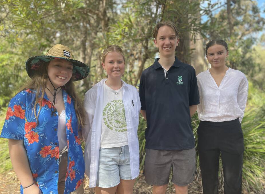 Tomaree High School leaders Maddie Wilson, Tonaya Hyland, Cooper Lack and Grace Baxter dressed as their future careers as part of their final school celebrations. Picture by Alanna Tomazin